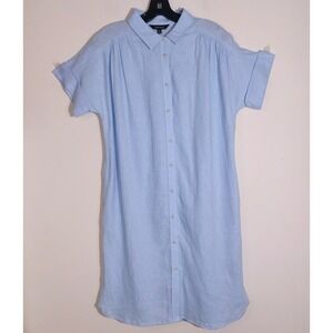 Well Worn Blue Linen Blend Shirt Dress Short Sleeve Collared Button Front M EUC